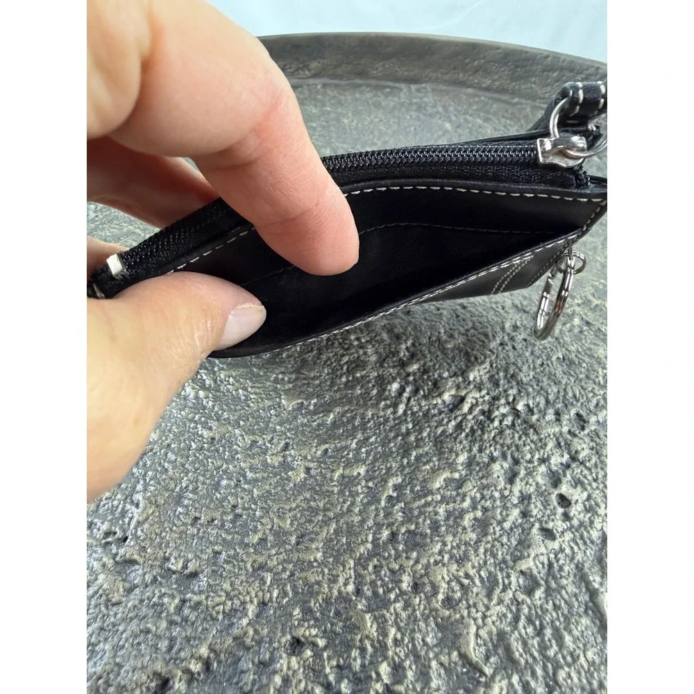 Coach Black Leather Mini Coin/Key Pouch White Stitching Key Ring Wallet